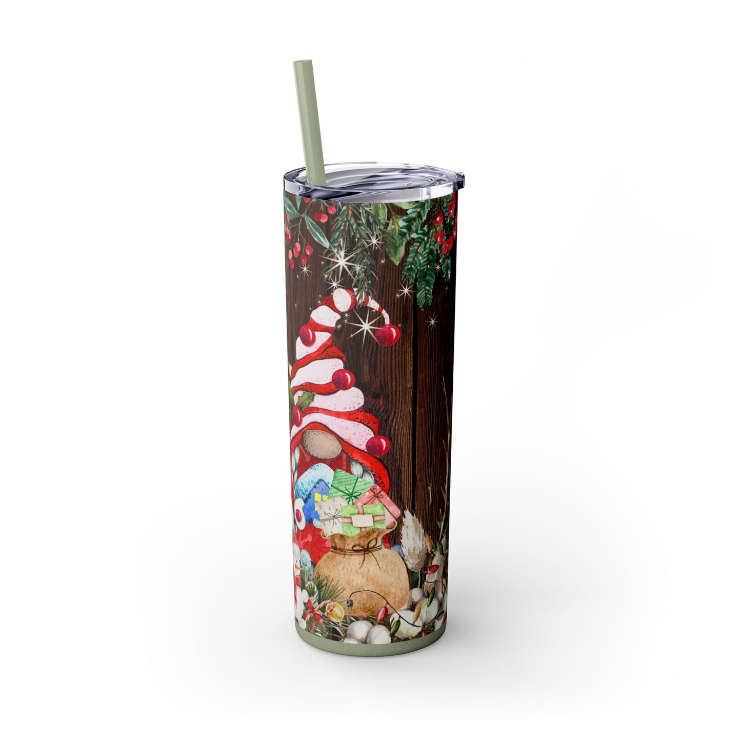 Gnome Christmas Skinny Tumbler with Straw, 20oz